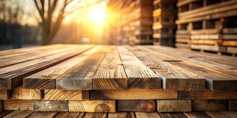 Aufkleber - Warm Sunset Illuminates Stacked Lumber and a Rustic Wooden Tabletop