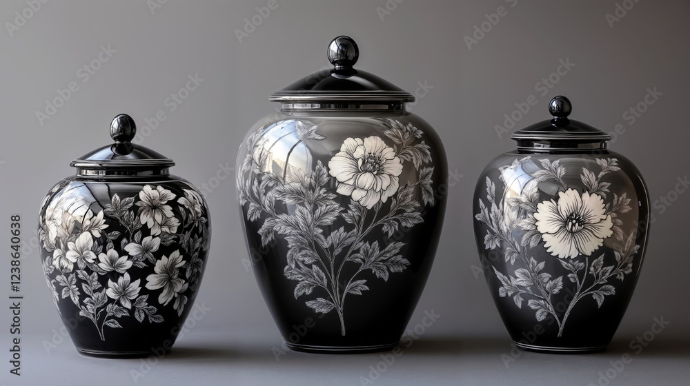 Funeral Patterns Black Cremation Urns with White Floral Patterns, Memorial Tribute ...