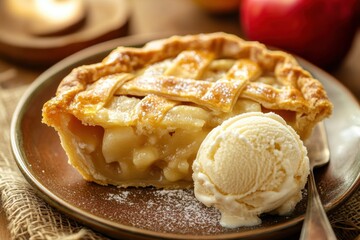 Wall Mural - A slice of warm apple pie with vanilla ice cream