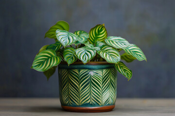 Wall Mural - A green plant in a green pot with white stripes