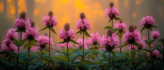 Wall Mural - A vibrant display of pink flowers standing tall in the morning mist, illuminated by warm golden light, creating a serene and enchanting atmosphere.