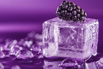 Wall Mural - Blackberry Resting Atop An Ice Cube In Purple