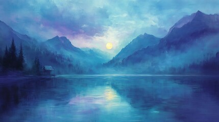  Serene mountain lake glows softly under a pale sun diffused light. AI Generated