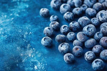 Wall Mural - Frozen Blueberries Scattered On A Blue Background