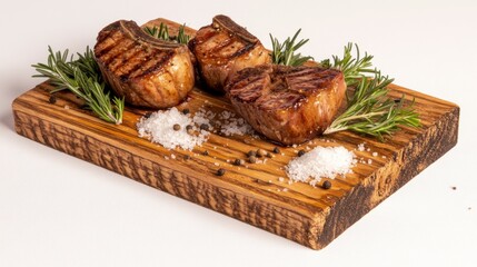 Wall Mural - Three pieces of meat are on a wooden board with some herbs and salt