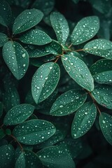 Wall Mural - Raindrops cling to vibrant green leaves, showcasing nature's beauty and freshness in a serene garden environment during early morning hours