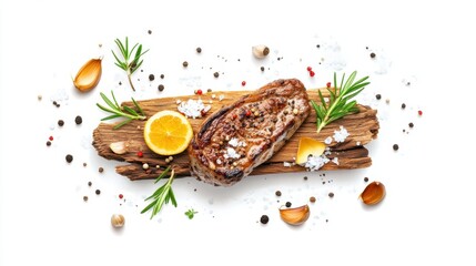 Wall Mural - A piece of meat is on a wooden board with a lemon and some spices