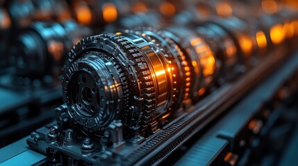 Fototapete - Close-up of intricate metallic gears in industrial setting.