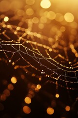 Wall Mural - A finely crafted spider web sparkles with tiny droplets of dew as soft morning light filters through, creating a dreamy golden background full of bokeh