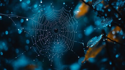 Wall Mural - A delicate spider web adorned with droplets of water sparkles in the soft light of early morning, surrounded by lush foliage in a tranquil forest