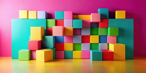 Poster - Vibrant Colorful Cubes Arranged in a Playful and Abstract Composition on a Shiny Surface