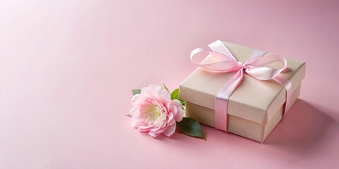 Wall Mural - A delicate blush pink gift box tied with a satin ribbon, accompanied by a single soft pink flower on a matching background.