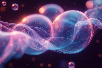 Canvas Print - abstract neon blue and purple glass bubbles in motion with celestial sparkles