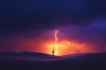 Wall Mural - A lone saguaro cactus stands silhouetted against a vibrant desert sunset, pierced by a dramatic lightning bolt.
