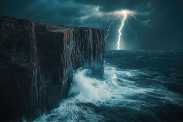 Wall Mural - Dramatic coastal scene with dark cliffs, crashing waves, and a lightning strike over stormy sea.