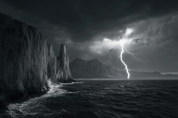 Wall Mural - Dramatic black and white coastal scene with a powerful lightning strike over dark mountains and stormy sea.