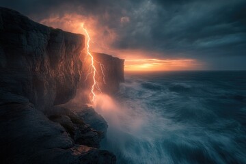 Wall Mural - A dramatic lightning strike illuminates a cliff face during a vibrant sunset over a tempestuous ocean.