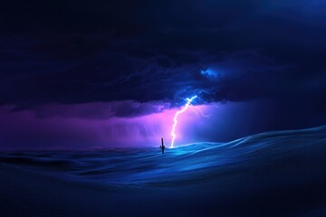 Wall Mural - A lone saguaro cactus stands silhouetted against a vibrant purple and blue desert nightscape, illuminated by a dramatic lightning strike.