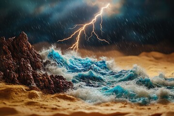 Wall Mural - Dramatic coastal scene with crashing waves, lightning, and heavy rain under stormy sky.