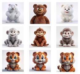 Adorable 3D rendered baby animals: polar bear, brown bear, monkeys, and tigers in various color variations.  Their cute expressions and fluffy fur make them perfect for children's products.