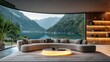 © Gromik - A luxurious Levanto style living room with floor to ceiling panoramic windows overlooking a serene mountain lake. A curved sectional sofa in soft taupe