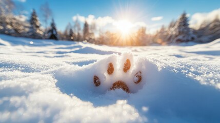 Wall Mural - A clear paw print embedded in a blanket of fresh snow, symbolizing nature, wildlife, and the touch of life in a serene winter landscape illuminated by sunlight.