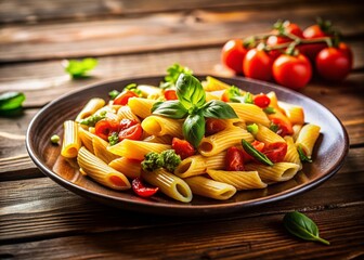 Wall Mural - Delicious Pasta Dish on Rustic Wooden Table, Architectural Photography Style