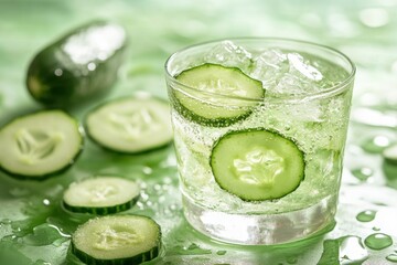 Wall Mural - Refreshing Cucumber Water with Ice Cubes