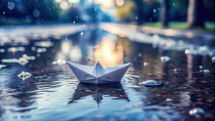 Aufkleber - A tiny paper boat floats serenely on a rain-filled puddle, reflecting the soft light of a setting sun.