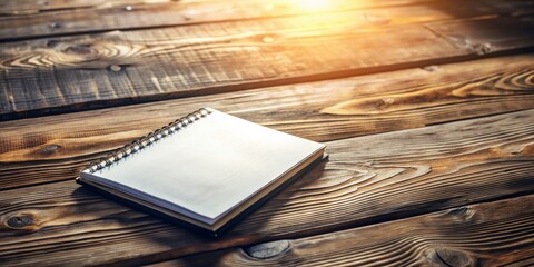 Poster - Blank spiral notepad rests on rustic wooden surface bathed in warm sunlight
