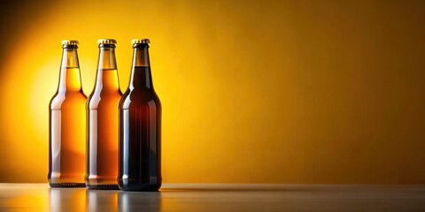 Aufkleber - Three amber glass bottles of beer on a reflective surface against a yellow background