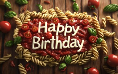 Wall Mural - of Happy Birthday Written with Various Types of Pasta and Tomato Sauce on a Rustic Italian-Themed Background, Comforting and Delicious