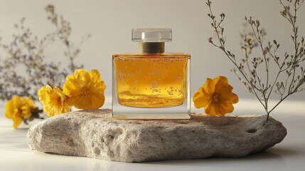 Poster - Luxurious Amber Perfume in a Glass Bottle, Resting on a Stone with Delicate Yellow Flowers and Dried Branches, Capturing a Moment of Serenity and Sophistication.