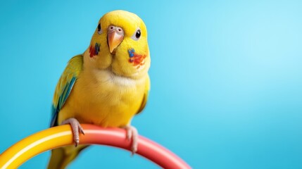 Wall Mural - A vibrant yellow budgerigar perches playfully on a colorful toy ring, showcasing its charming personality and vivid plumage against a bright backdrop.