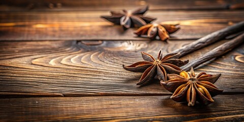 Wall Mural - Close-up of aromatic star anise and vanilla beans on rustic wooden surface