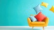 © Dulemegapixel - A vibrant yellow couch surrounded by flying pillows, creating a lively and playful atmosphere which draws attention to comfort and contemporary interior design.