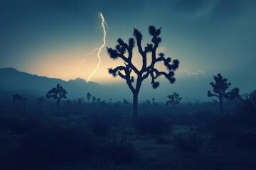 Wall Mural - A dramatic lightning storm illuminates a lone Joshua tree in a dark, misty desert landscape.