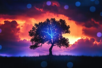 Wall Mural - A lone tree silhouetted against a vibrant sunset, struck by a bolt of blue lightning.