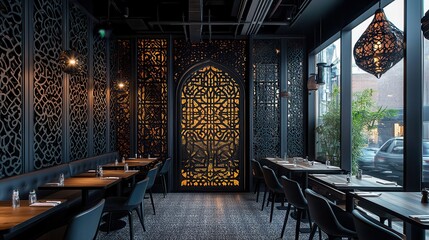 Wall Mural - Halal food served at Islamic-themed restaurants. Modern restaurant interior with intricate design and ambient lighting.