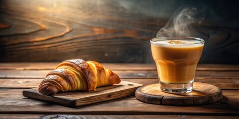 Canvas Print - A warm beverage in a glass and a freshly baked croissant on a wooden board