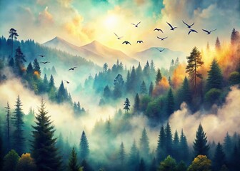 Wall Mural - Double Exposure: Watercolor Mountain Range, Misty Forest, Birds in Flight