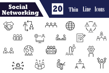 Social networking line editable icon set. Containing network, connections, relationship, online networking, community, events, social network etc. Vector illustration