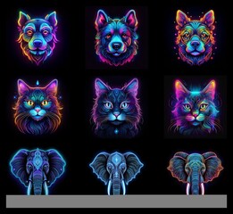 Fototapete - Nine vibrant neon portraits of dogs, cats, and elephants.  Each animal glows with iridescent colors against a dark background, creating a mystical, psychedelic effect.