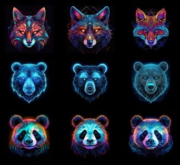 Poster - Nine vibrant animal portraits: fox, bear, and panda.  Each depicted in neon, geometric style with glowing lines and dark background.  Intricate details enhance the mystical feel.