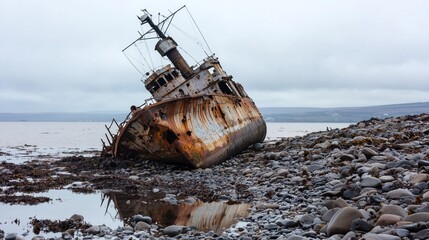 Low Tide Reveals Abandoned Warship on Shoreline