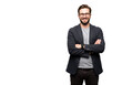 © NAOTO ISAKI - Portrait of happy fashionable handsome man in jeans shirt and glasses crossing hands and smiling, isolated