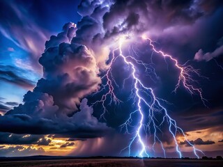 Wall Mural - Dramatic Lightning Storm Sky Background with Copy Space - Powerful Nature Photography