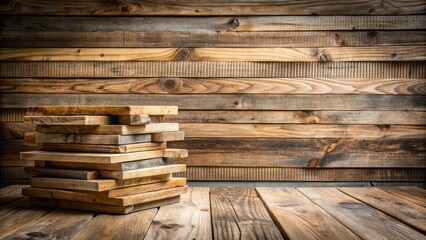 Aufkleber - Rustic Wooden Planks Stacked on Weathered Tabletop Against a Wooden Wall
