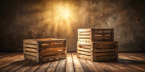 Aufkleber - Rustic wooden crates on a dark wooden floor against a textured wall, creating a warm and inviting atmosphere.