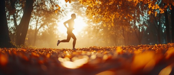 Wall Mural - A runner moves swiftly through a park filled with golden autumn leaves as sunlight filters through trees, creating a serene and invigorating atmosphere